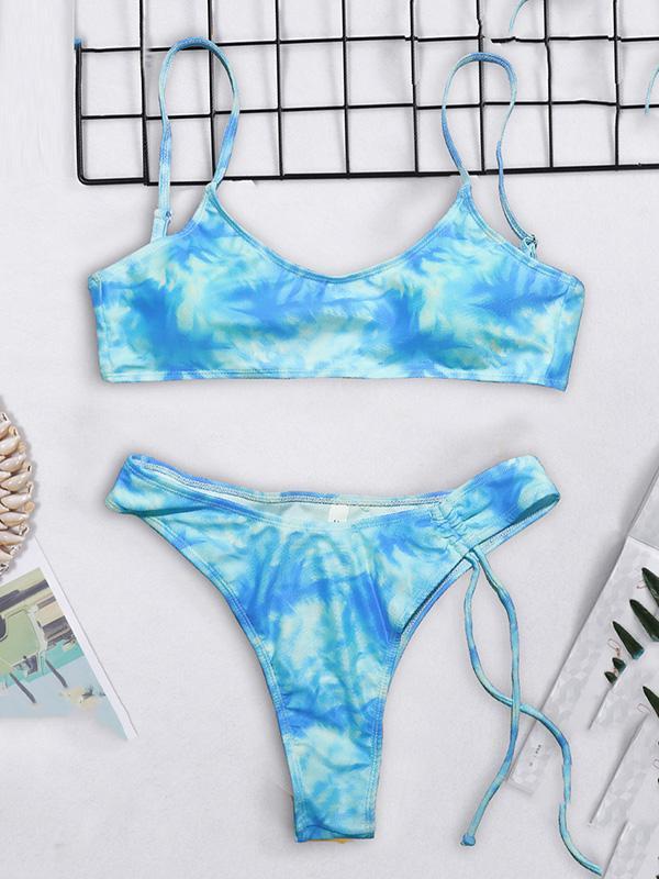 Tie-Dyed Gradient  Spaghetti-Neck Split Bikini Swimsuit