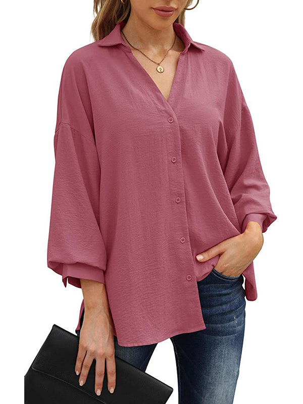 Loose Puff  Three-Quarter Sleeves Solid Color Lapel Blouses