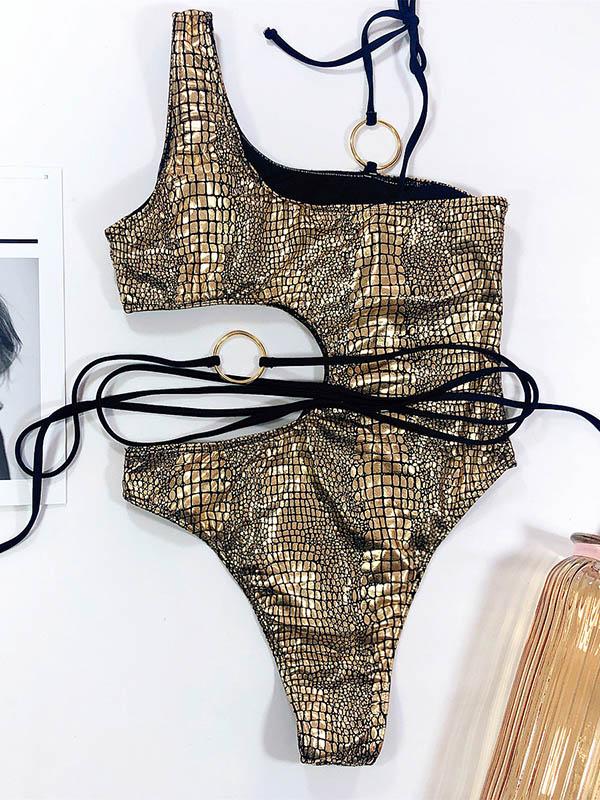 Snake-Print Asymmetric Bandage Split Bikini Swimsuit