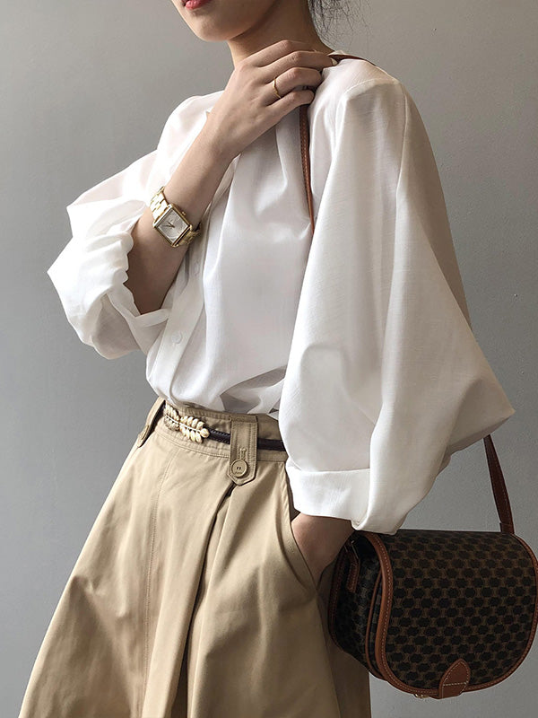 Casual Solid Color Pleated Buttoned Round-Neck Puff Sleeves Blouse