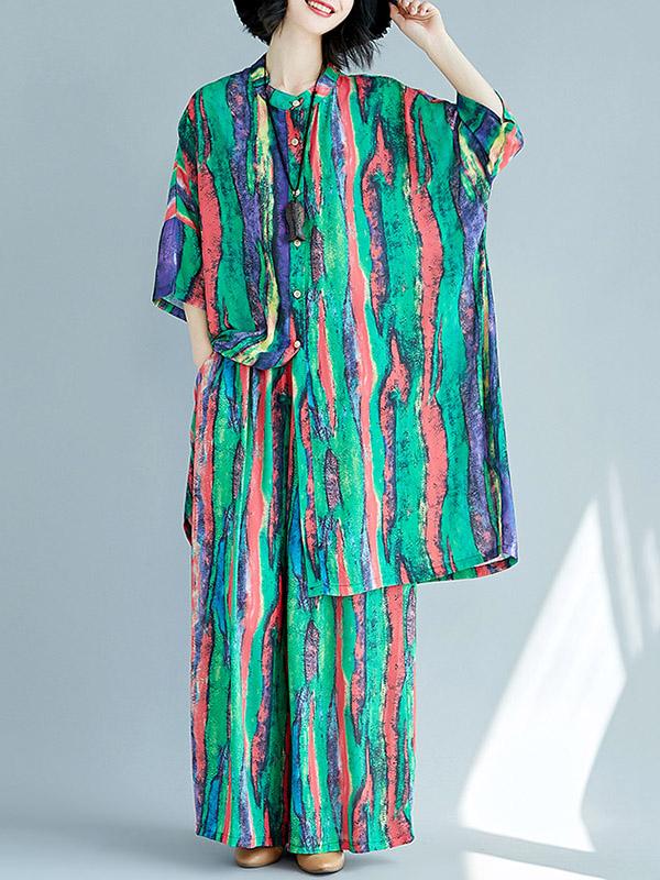 Chiffon Colorful Striped Print Stand Collar Long Blouse+Pants Suits