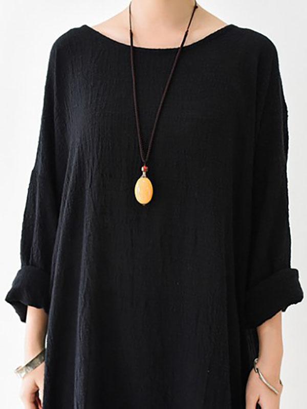 Thin Black Ramie Long Sleeve Caftans Long Dress