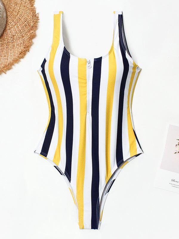 Striped Zipper Backless One-piece Swimwear