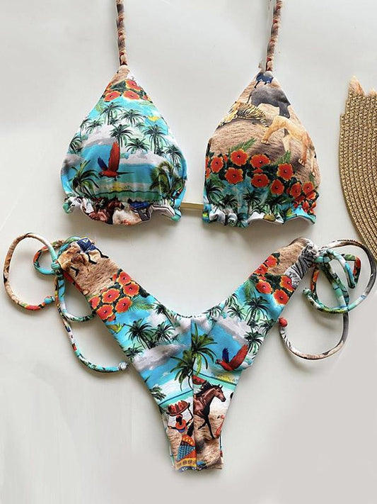 Retro Printed Bandage Split Bikini Swimsuit