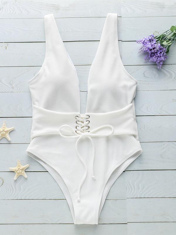 Sexy Plain Tied Front One-piece Swimwear