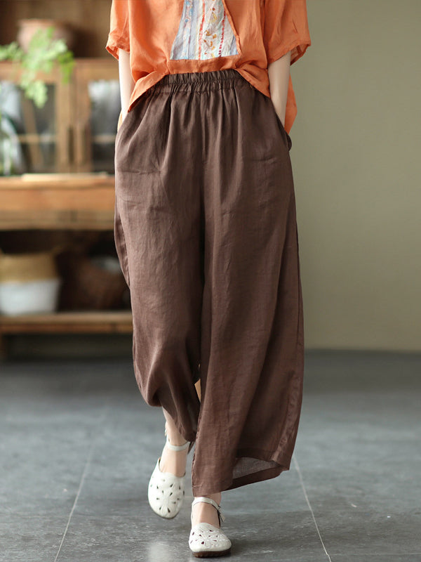 Simple Casual Vintage Ramie Cotton Wide Legs Pants