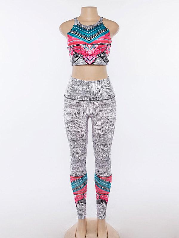 Back Cross Printed Tanks And Wide Waistband Leggings Suits