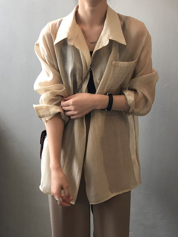 Simple Loose Long Sleeves Solid Color Thin Blouse