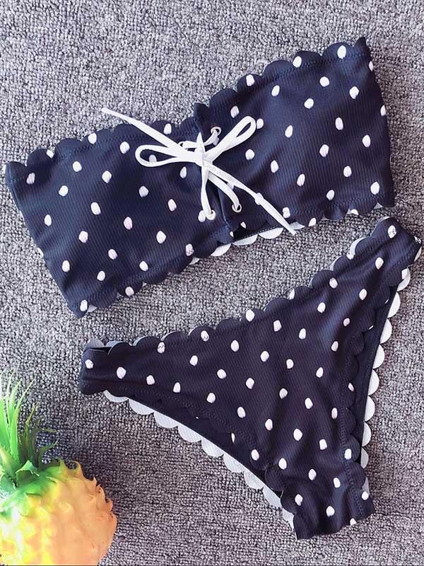 Polka-dot Lace Up Bikinis Swimwear