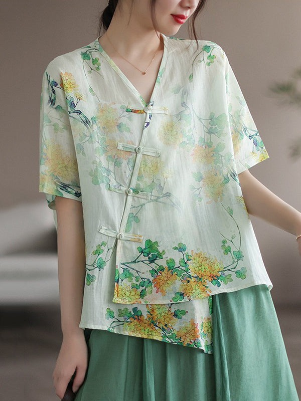 Artistic Retro Loose Ramie Cotton Buttoned Floral Printed Blouse