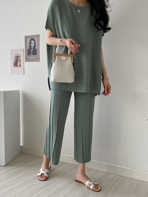 Casual Solid Color Split-Side Round-Neck Batwing Short Sleeves T-Shirt+Pleated Wide Leg Pants 2 Pieces Set