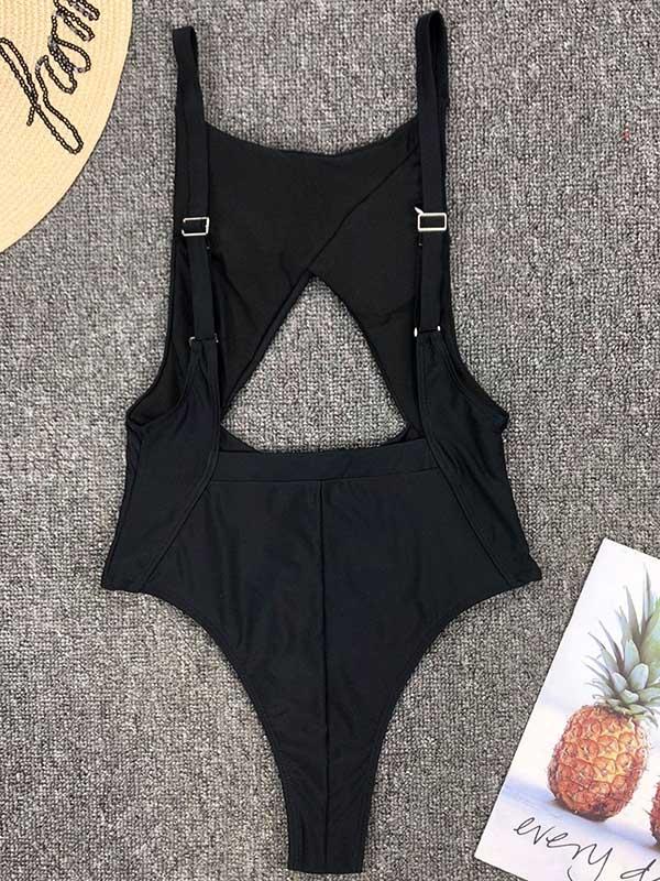 Sexy Spaghetti-Neck Hollow Backless Zip One-Piece Swimwear