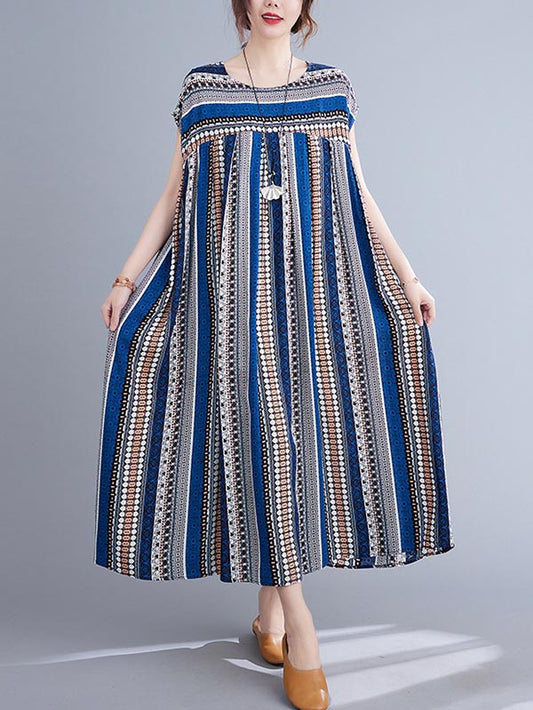 Casual Split-Joint Striped Round-Neck Short Sleeves Loose Midi Dress