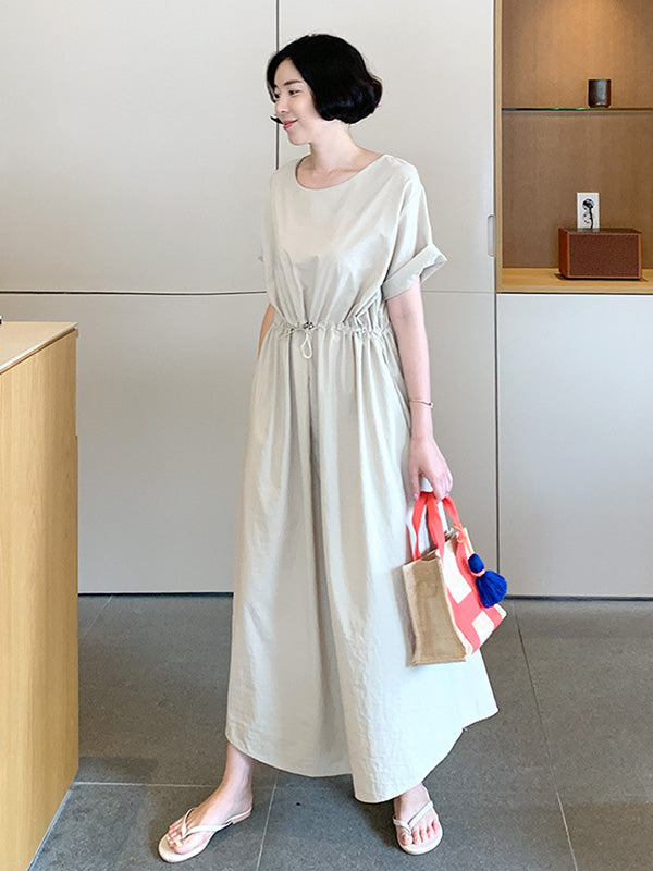 Casual Solid Color Drawstring Pleated Round-Neck Half Sleeves High-Waist Midi Dress