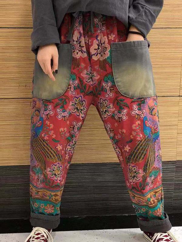 National Floral Print Split-joint Harem Pants