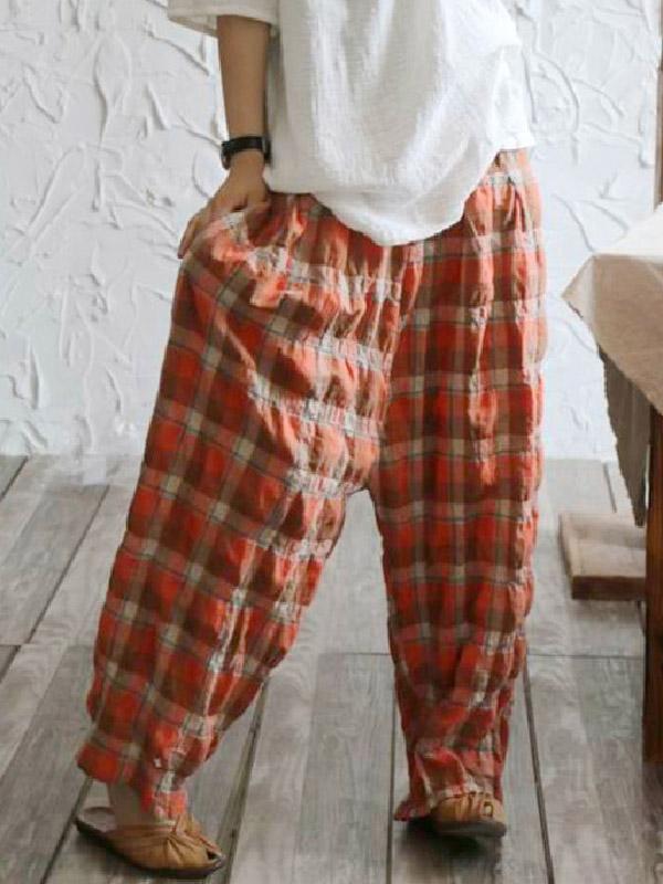 Casual Colorful Plaid Linen Pants