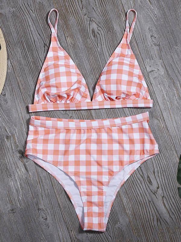 Plaid-Print Deep V-Neck Split Bikini Swimsuit