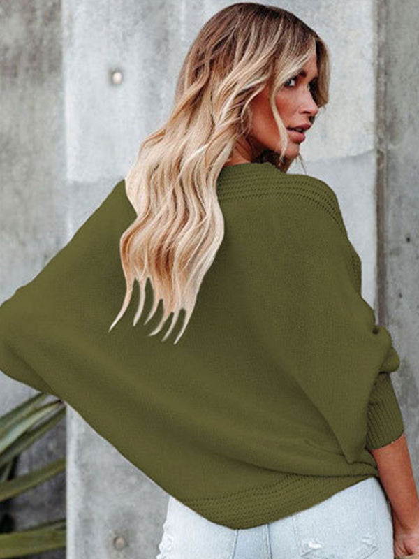 Loose Batwing Sleeves Twist Solid Color V-Neck Sweater Tops