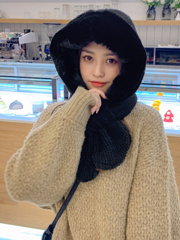 Casual Warm Solid Color With Scarf Knitted Hat