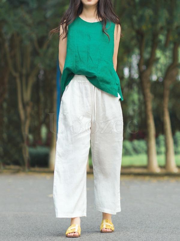 Retro Linen Drawstring Wide Leg Pants