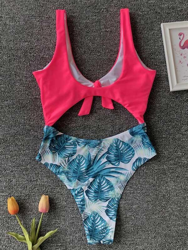 Plain Top With Printed Panty One-piece Swimsuit