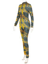 Printed Zipper Long Sleeves Jumpsuits