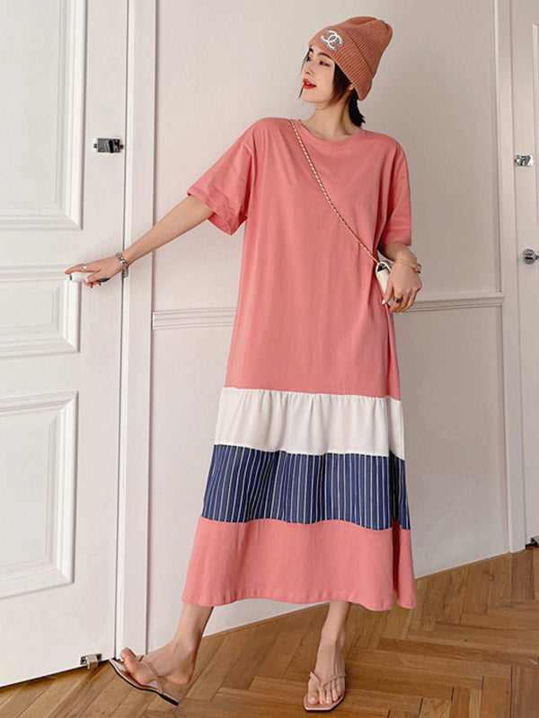 Original Split-Joint Round-Neck Short Sleeve Midi Dress