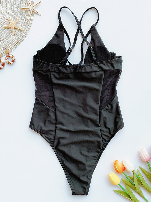 Solid Sexy Mesh Hollow V-Neck One-Piece Swimsuit