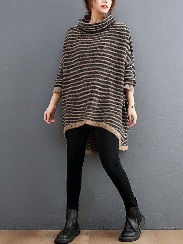 Loose Striped High-Low Heaps Collar Long Sleeves Knitwear