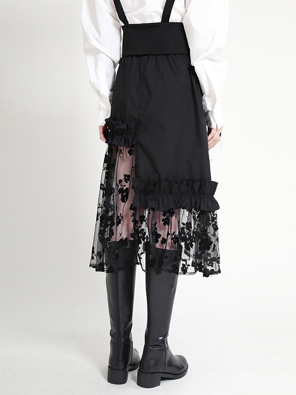 Stylish Mesh Hollow Embroidered Elasticity Split-Joint Strap Skirt