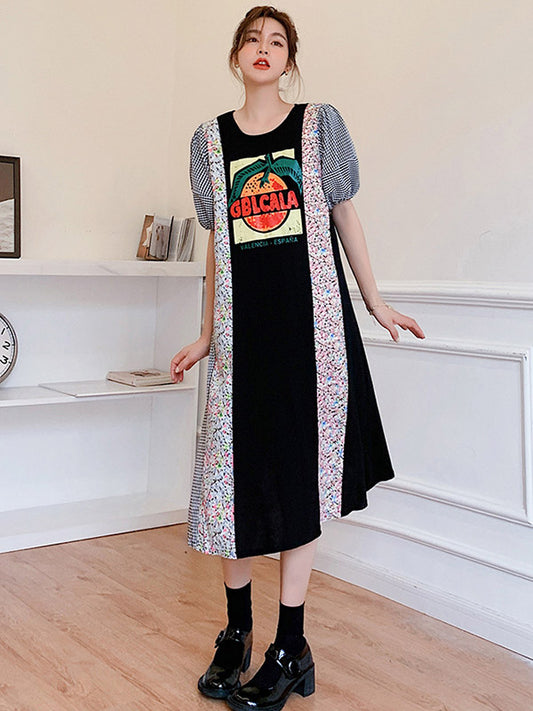 Original Split-Joint Letter Print Puff Sleeve Midi Dress