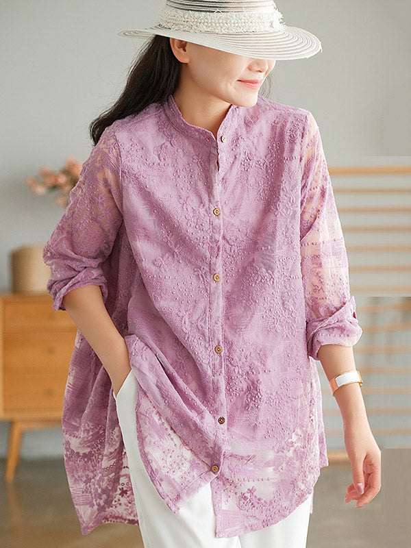 Artistic Retro Solid Color Lace Embroidered Buttoned Lapel Collar Blouse