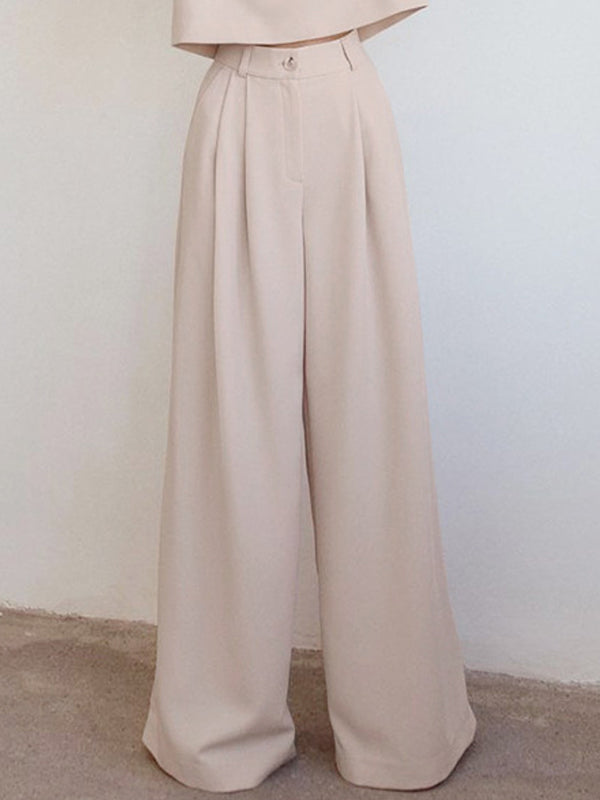 Casual Solid Color Round-Neck Long Sleeves T-Shirt+Wide Leg Pants 2 Pieces Set