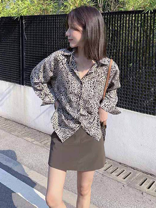 Stylish Leopard Buttoned Lapel High-Low Long Sleeves Blouse Tops