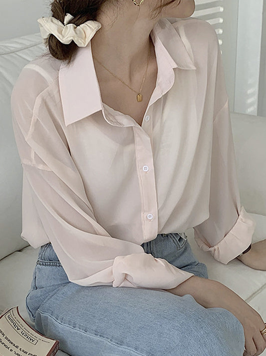 Simple Buttoned Lapel Sun Protection Long Sleeves Blouse Tops