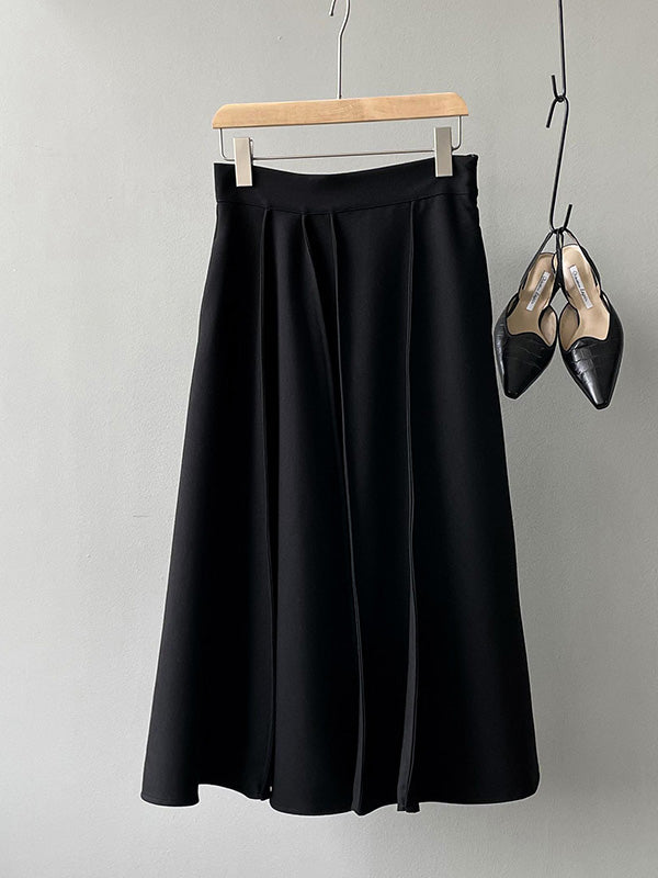 Simple Loose Solid Color Pleated A-Line High-Waist Long Skirt