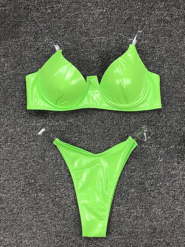 Patent Leather Solid Color Split Bikini Swimsuit