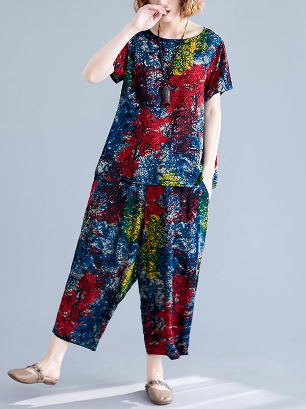 Loose Printed T-Shirt + Harem Pants Suit