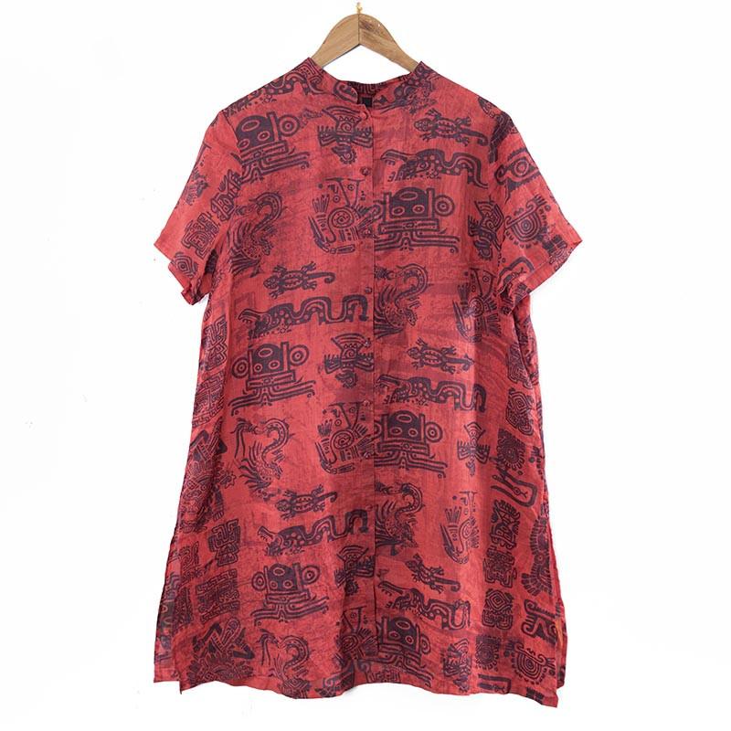 Casual Print Linen Women Red Suits(Shirt+Pants)