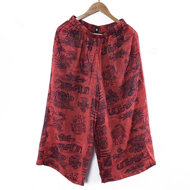 Casual Print Linen Women Red Suits(Shirt+Pants)