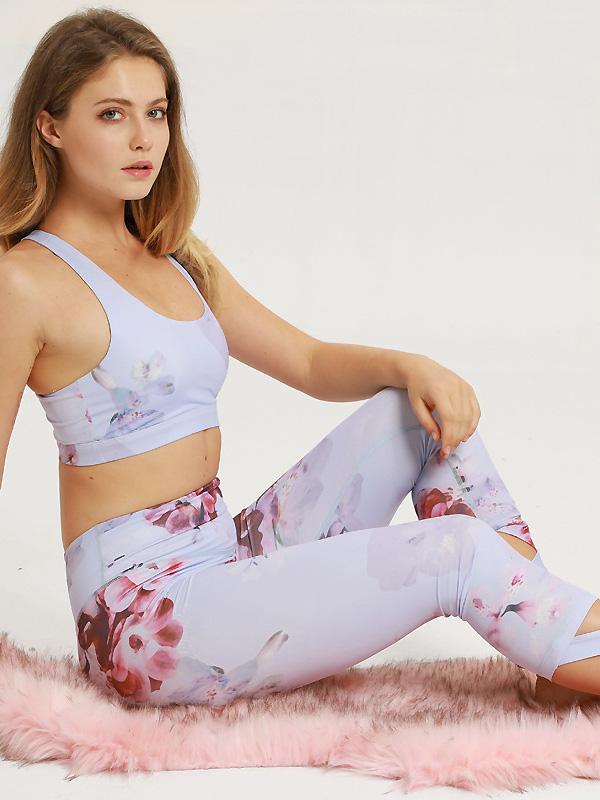 Bandage Floral Printed Sports Bra and Fitness Legging Suits