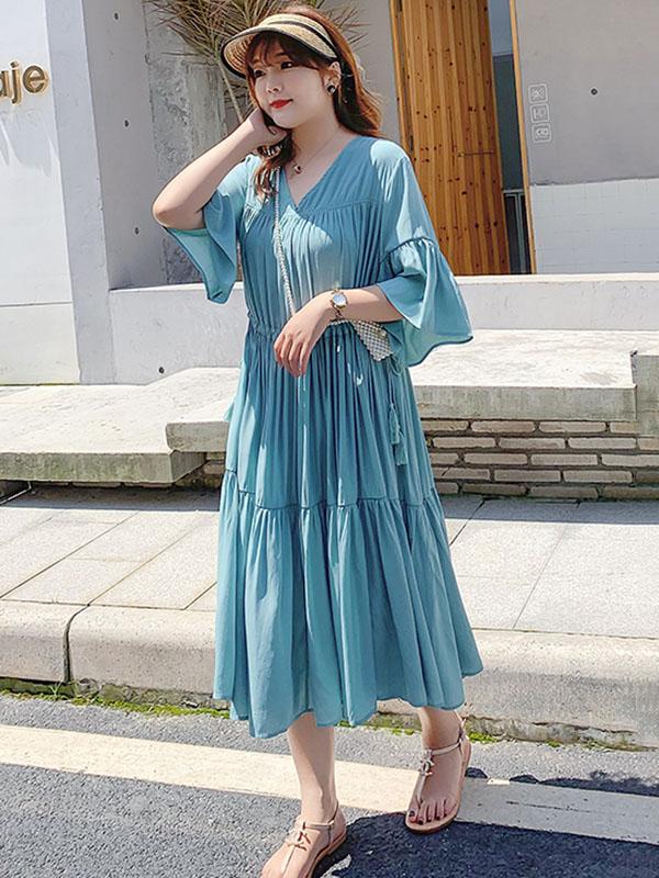 Loose Flared Sleeves Solid Layeres Dress