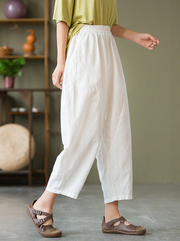 Simple Loose Linen Solid Color Split-Joint Pleated Drawstring Casual Pants