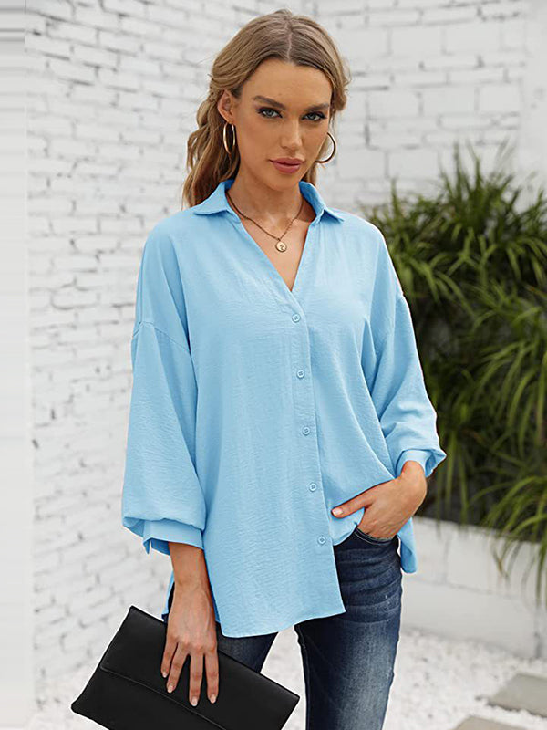 Loose Puff  Three-Quarter Sleeves Solid Color Lapel Blouses