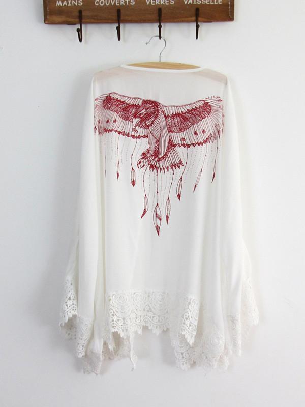 Lace Sleeves Mini Eagle Print White Bohemia Beach Cardigan Tops