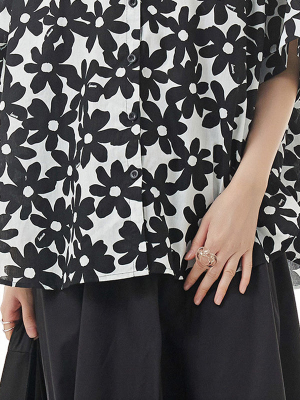 Simple Loose Floral Printed Split-Joint Blouse