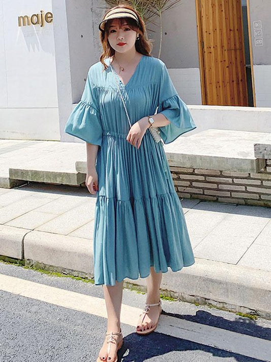 Loose Flared Sleeves Solid Layeres Dress