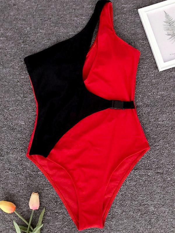 Contrast Color One-shoulder One-piece Swimsuit