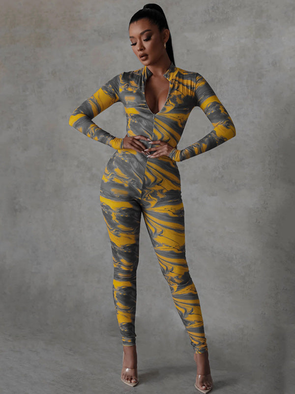 Printed Zipper Long Sleeves Jumpsuits