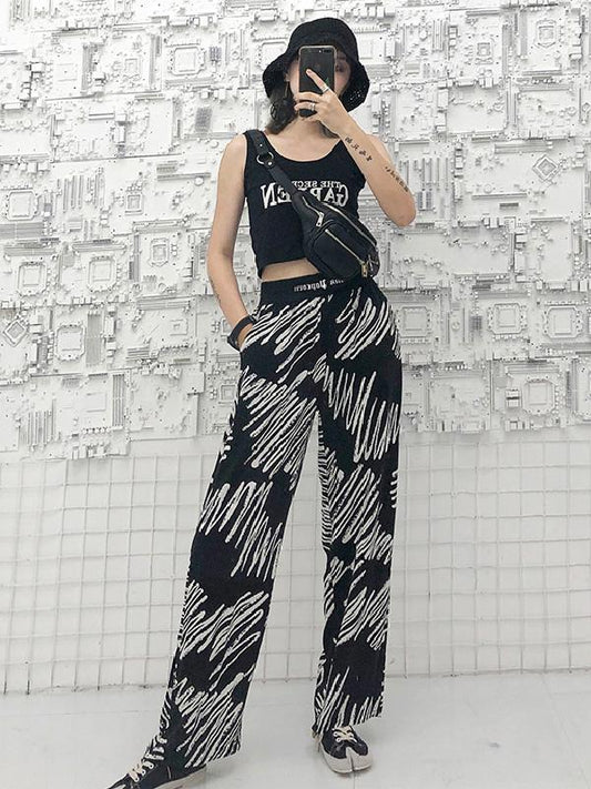 Elastic Waist Design Printed Wide Leg Pants